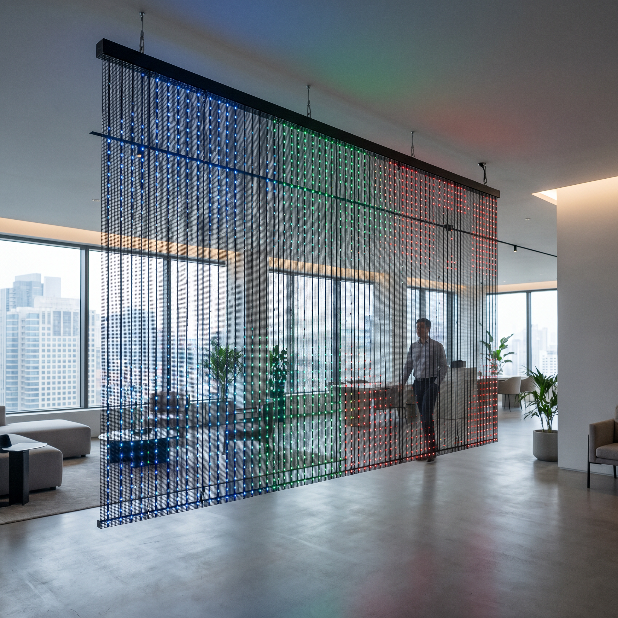 Vision 1 прозрачен mesh LED, окачен в офис интериор, градът се вижда през решетката